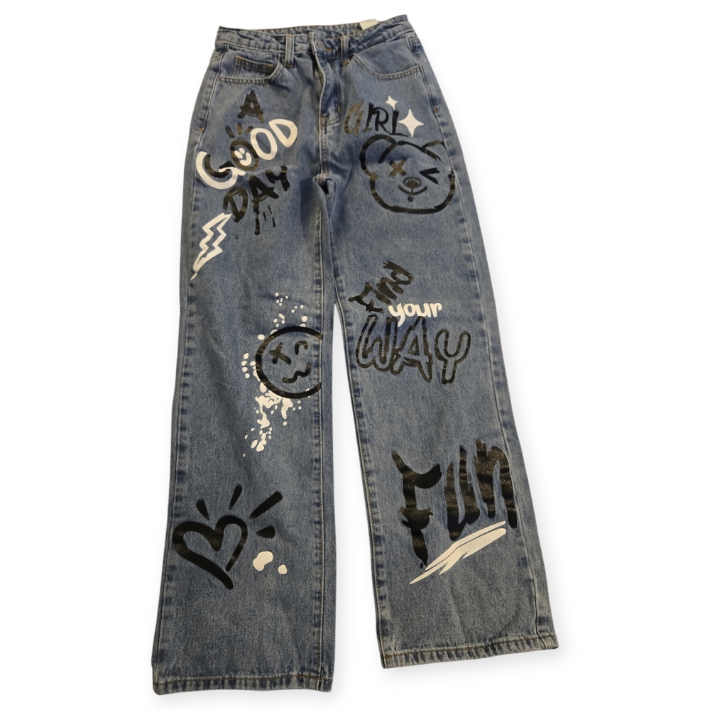 SHEIN Kids Blue Graffiti Graphic Wide Leg Jeans